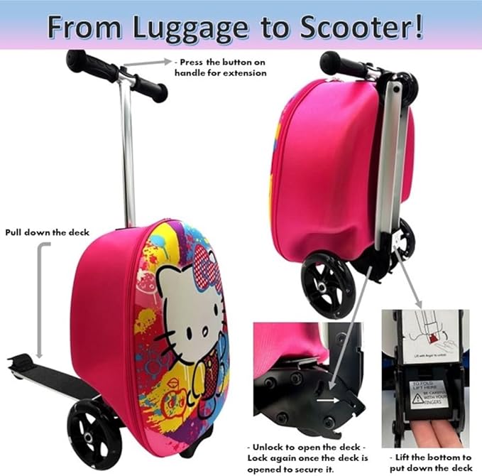 Fast Forward Hello Kitty 18" Ride-On Suitcase Scooter - Lightweight Carry-On Foldable Scooter Luggage