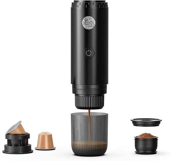 Portable Espresso Machine Mini 12V Rechargeable 3-in-1 Multi-Function Electric Coffee Machine One Key Extraction Compatible with NS & DG Capsules and Ground Coffee for Office Home (BLACK-NEW)