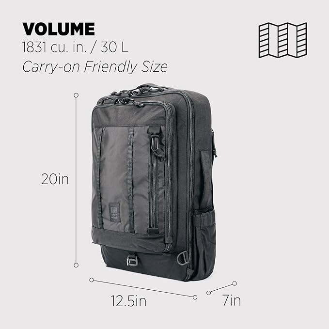 Topo Designs Global Travel Bag – 30L or 40L - Carry-On Compliant Most Airlines, Durable Travel Duffel Bag, Clam Shell Main Pocket, Laptop Sleeve, Backpack, Luggage (30L / Black)