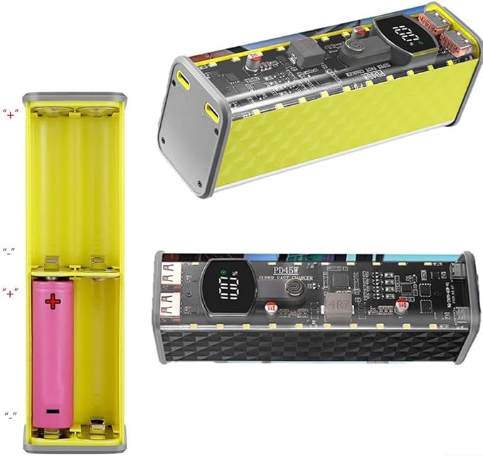 Solder-Free Portable Power Bank Case Transparent DIY Battery Box for 8x18650 Cells 22.5W 45W Fast Charging with Multi-Protection Circuit ABS Housing(black 45W)