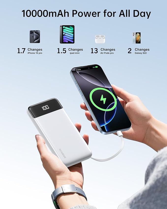 Portable Charger with Built-in Cables 10000mAh Power Bank with Cords, Slim Battery Pack with LED Display, Travel Essential Portable Charger for iPhone 17/16/15/14 Series, Android Samsung Google Pixel