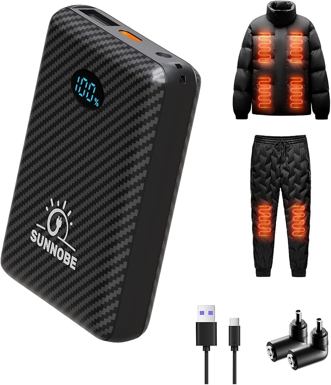 Battery Pack for Heated Vest, 7.4V/5V 10000mAh Power Bank for Heated Vest with DC/USB/Type-C Output and LED Display for Heating Clothing and Phones