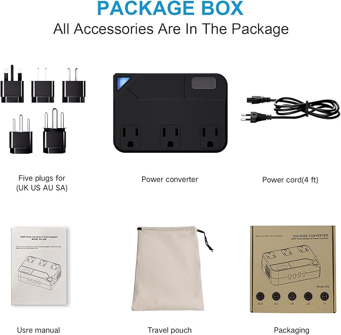 250W Conversion Plug, International Travel Converter with 2 USB and 2 USB-C Ports, lowering 220V to 110V for 100V-240V Areas and Different Countries Plugs Using US Electrical Devices