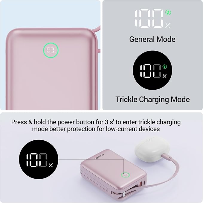 Hichain Portable Charger 20000mAh Power Bank 35W Power Bank Fast Charging Battery Pack with Dual in Cables Compact Battery Bank with Digital Display for iPhone Android Portable Phone Charger Pink