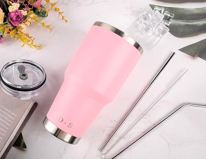 D·S 30 oz Pink Tumbler Stainless Steel Double Wall Vacuum Insulated Mug with Straw and Lid, Cleaning Brush for Cold and Hot Beverages (30oz Pink)