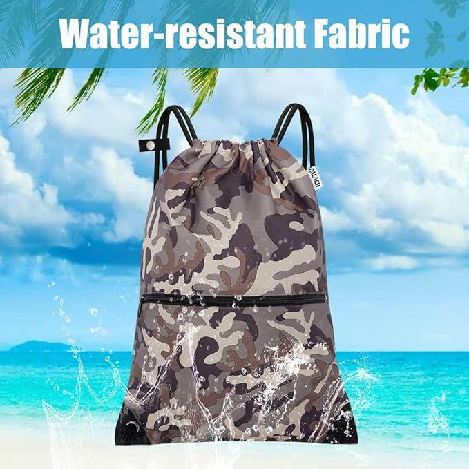 draw string back bag, Large Gym Sports string backpack for men and women with front zipper pocket and inside zipper pocket to keep key or phone (brown camo)