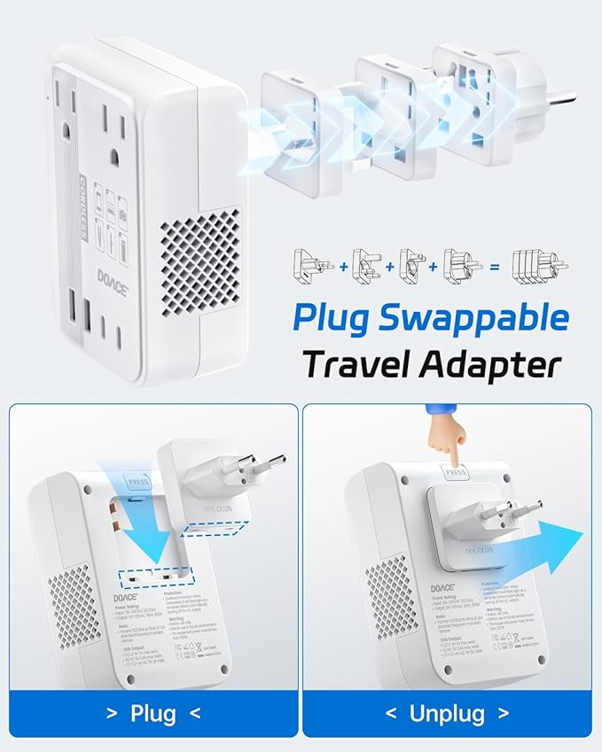 DOACE 220V to 110V Converter - 350W Cordless Voltage Converter US to Europe Power Adapter Combo with 4-Port USB Charging & Worldwide Plugs (UK/AU/US/EU) for Hair Straightener, Curler, Phone
