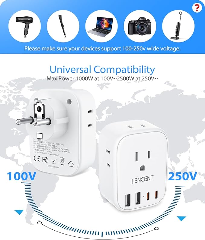 LENCENT 2 Pack Germany France Travel Power Adapter, Schuko Type E/F Power Plug Adaptor with 4 USB Ports(2 Type C), 4 Outlet Converter, US to EU Spain French German Greece Norway Iceland South Korea