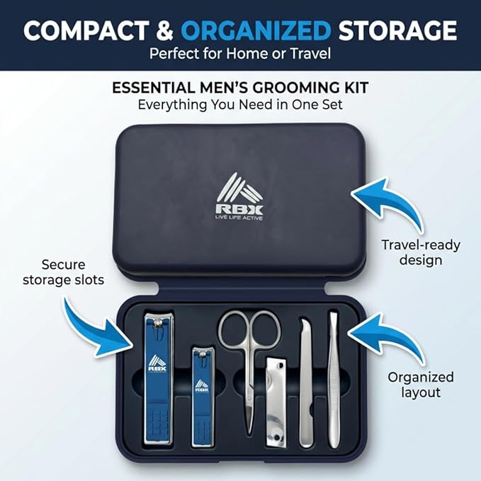 RBX Nail Clipper Set for Men, 7 Pcs Deluxe Grooming Kit for Men - Includes Toe & Finger Nail Clippers, Nail File, Slanted Tweezer, Manicure Scissors, Comes in Silicone Travel Case