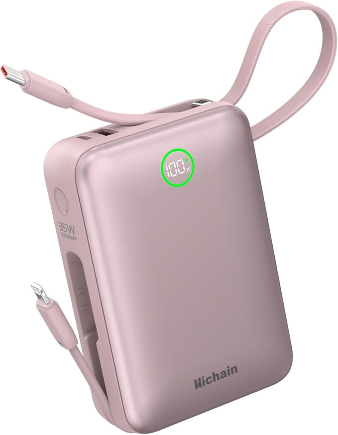 Hichain Portable Charger 20000mAh Power Bank 35W Power Bank Fast Charging Battery Pack with Dual in Cables Compact Battery Bank with Digital Display for iPhone Android Portable Phone Charger Pink