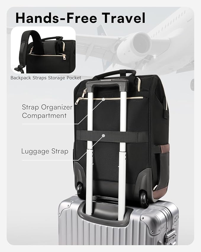 Rolling Backpack for Women, Travel Backpack with Wheels, Dual-Opening Wheeled Laptop Backpack, Stylish Rolling Laptop Bag, Overnight Underseat Carry on Luggage for College Business Work, Beige Brown