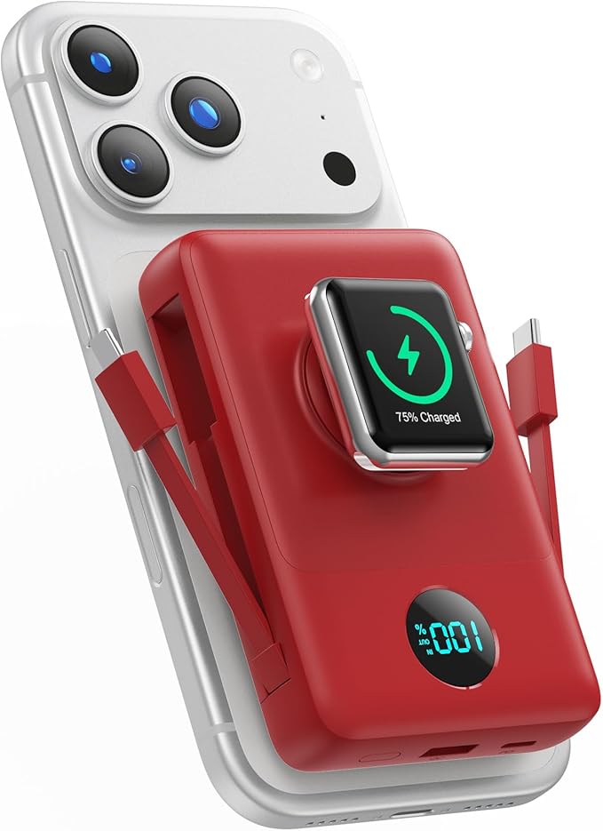 6 in 1 Magnetic Portable Charger for iPhone with Built-in Cables, 10800mAh 25W PD Fast Charging Power Bank, 6 Outputs Travel Essential Battery Pack for iPhone 17/16/15/14/13/12,Apple Watch (Red)
