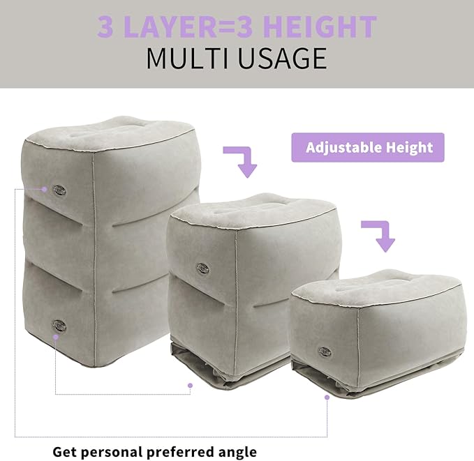 2Pcs Inflatable Foot Rest for Under Desk at Work, Travel Footrest Pillow for Long Airplane Flights-Adjustable Blow Up Leg Rest Outdoor Foot Stools Ottoman,Seat Extender