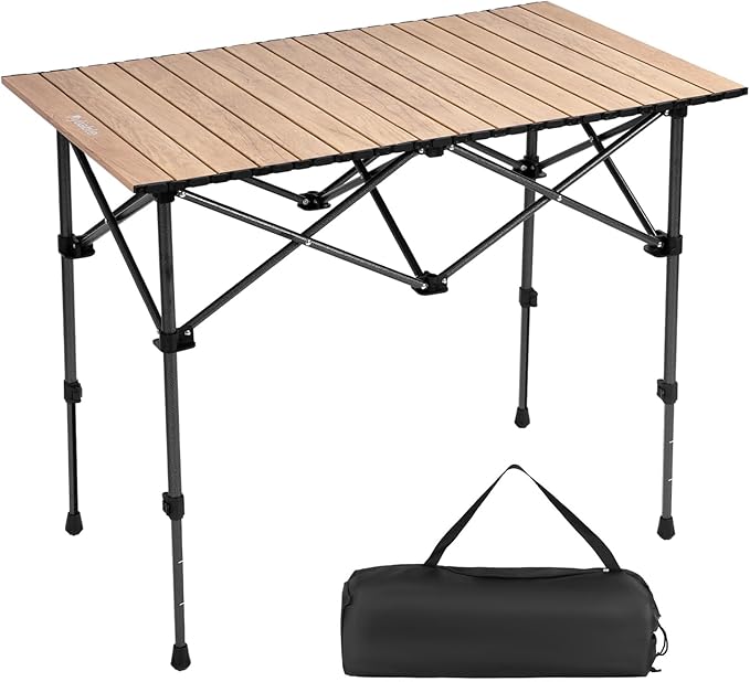 Byliable Camping Table Folding Portable Camp Aluminum Fold Up Lightweight Roll Up Table Adjustable Height with Carry Bag Indoor Outdoor for Camping, Picnic, Backyard, BBQ, Patio, Wood Grain