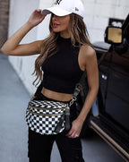 Black and White Checkered Crossbody Bag Bum Bag for Women,Spacious Checkered Purse Fanny Packs Belt Bag