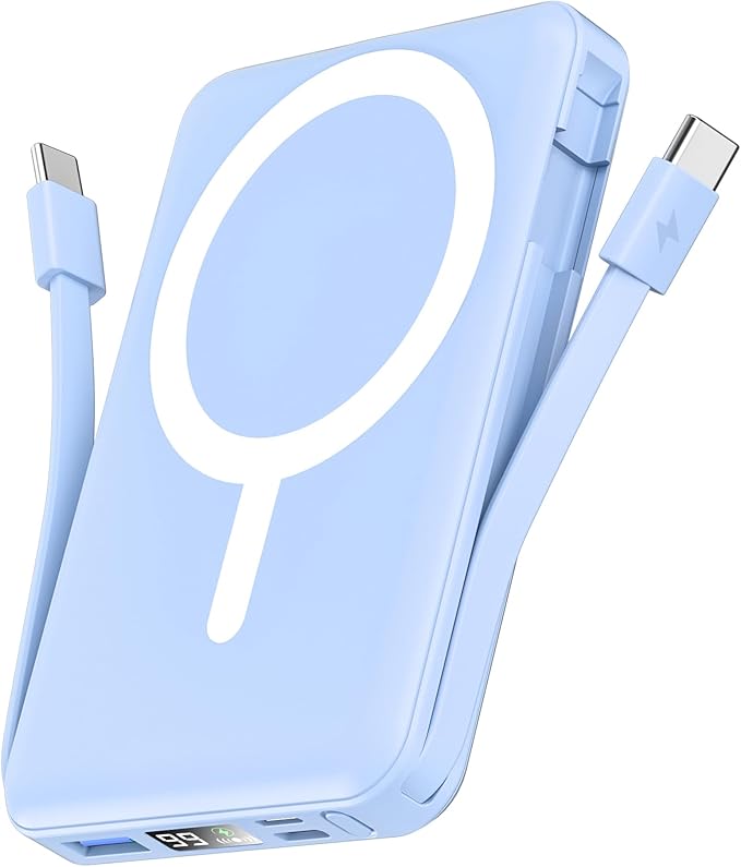 podoru for Magsafe Battery Pack, 10000mAh Magnetic Power Bank Built-in Double USB C Cables 20W PD Fast Charging LED Display Wireless Portable Charger for iPhone 17/16/15/14/13/12 Series-Sierra Blue