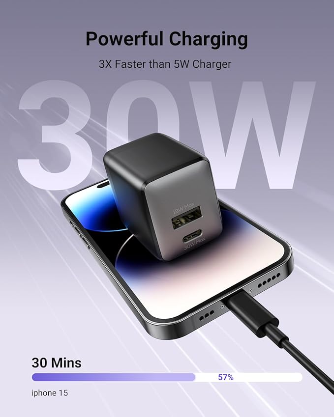 wegear USB C Fast Charging Charger, 30W Dual-Port GaN Nano Charger with Foldable Plug for iPhone 17/16/15 Series, iPad, Galaxy S24 Ultra and More Series, (Black, 2 Pack & 2 Cable)