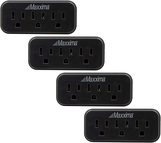 Maxxima 3 Grounded Multi Outlet Adapter Wall Plug - Outlet Extender Wall Tap, Turns 1 Outlet into 3, Indoor 3 Way Plug Splitter - Black - 4 Pack