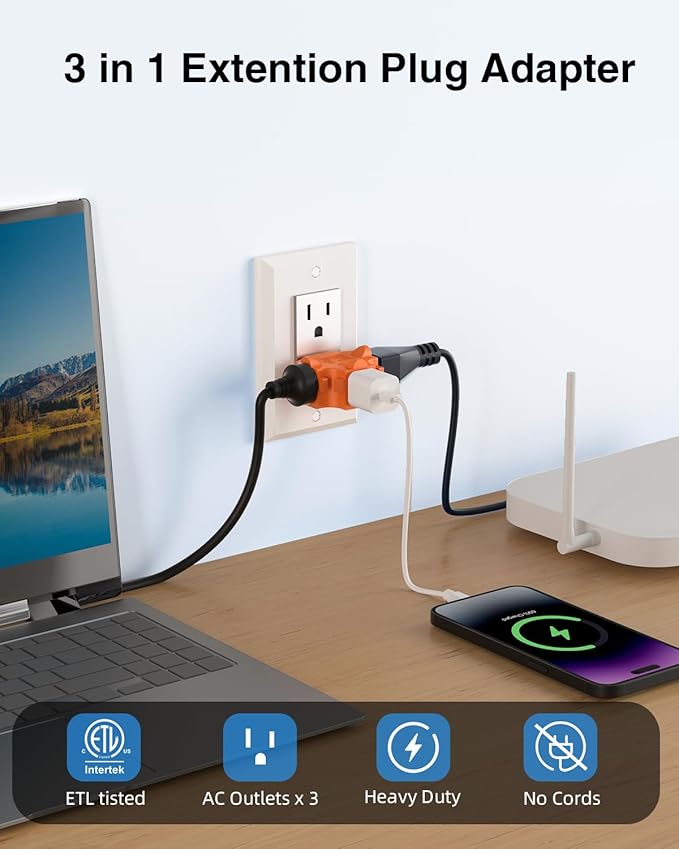 K KASONIC - 3-Outlet Grounding Adapter, Multiple Plug Outlet Extender, Power Splitter, [ETL Listed] Heavy-Duty Grounded Power Tap - 4 Pack, Orange
