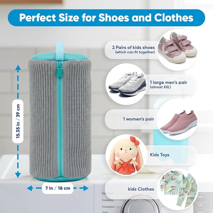 Shoe Washing Machine Bag – 2 Pcs Reusable Laundry Shoe Bag, 360° Deep Cleaning Sneaker Washing Bag, Durable Mesh Net with Zipper Protection, Fits All Shoe Types & Sizes (Grey, 14.8 × 7.4 Inches)