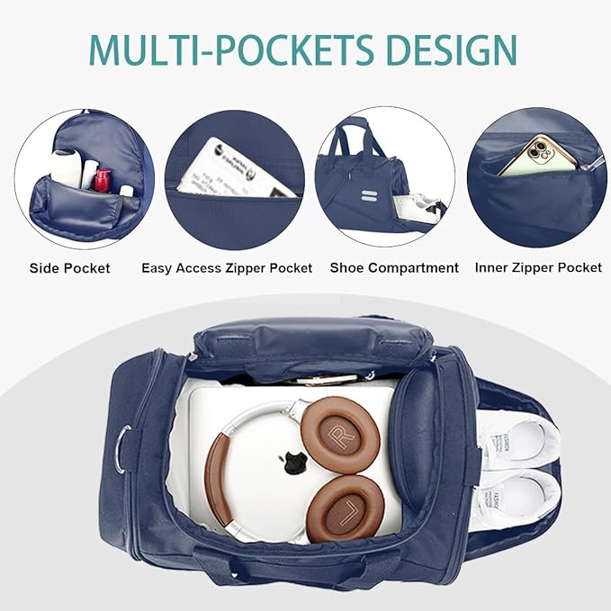 Gym Bag for Men & Women - 30L Duffel Bag with Shoe Compartment, Weekender Water Resistant Duffle Bag for Travel, Sports, Fitness & Workouts, DarkBlue