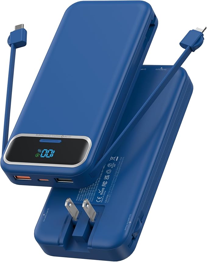 Portable Charger, 12000mAh 22.5W Fast Charging Power Bank with Built-in Cables & Wall Plug, USB C External Battery Pack with LED Display, Travel Essential Charging Bank for iPhone, iPad, Samsung Navy