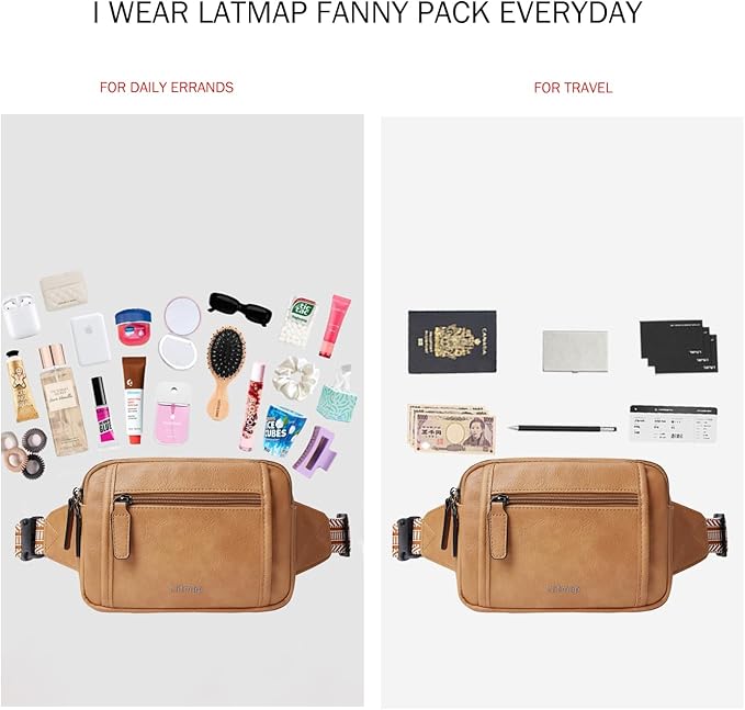 LATMAP 3L TRIPLE ZIP Fanny Packs Belt Bag For Women Men Crossbody Waist Pack Sling Chest Bum Travel Bag Purse Faux Leather Fashion Cute Tan