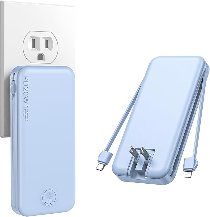 Nusyddy Portable Charger, 10000mAh PD20W Fast Charging Power Bank with Built-in Cables & Wall Plug, Travel Essentials External Battery Pack, USB C Battery Phone Charger for iPhone, Samsung Light Blue
