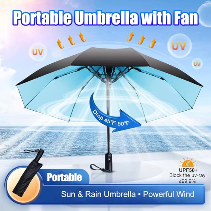 WOOLALA【Newly UV Portable Cooling UPF 50+ Foldable Umbrellas with Fan for Sun & Rain, USB Rechargeable for Games, Playgrond, Heatstroke, Hot Days