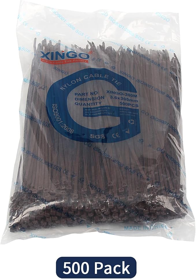 XINGO Nylon Cable Zip Ties Self Locking Plastic Wire Ties with 40 Lbs Tensile Strength for Indoor and Outdoor 12 Inch 500 Pack Brown