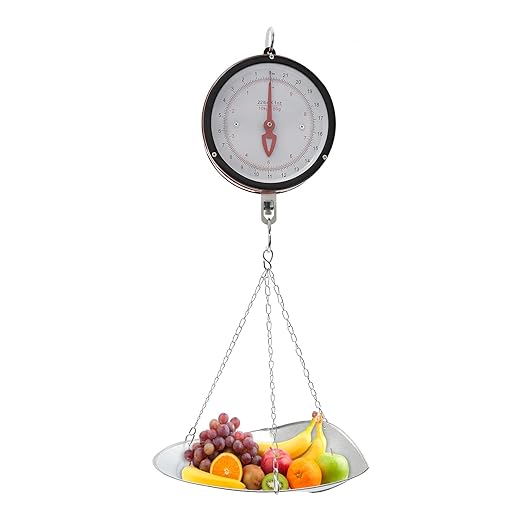 22LBS Double Sided Dial Hanging Scale, Mechanical Hanging Scale with Scoop/Chain, Portable Handheld Scale Commercial Household Weighing Scales for Supermarkets Farm Kitchen (Red/Black)