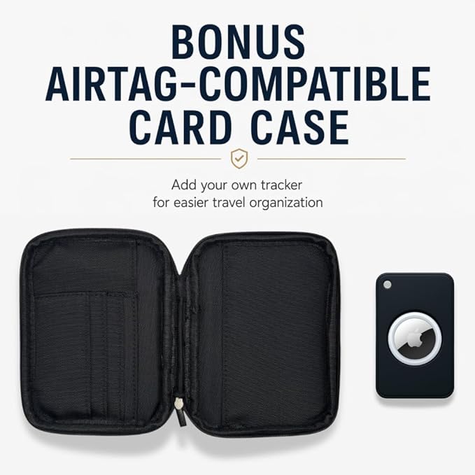 EM Premium Products RFID Protection Travel Wallet & Passport Holder – Zippered Organizer Case with AirTag card holder – Holds Cards, Cash, ID, Tickets