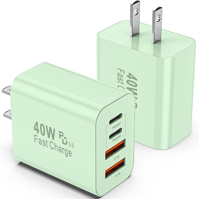 USB C Charger Block, 2 Pack 40W 4-Port iPhone Charger Fast Charging Multiport PD 3.0 & QC 4.0 Double Quick Charge, Compatible with iPhone 17/16/15/14/13/12/11，Pro Max，iPad, Samsung (2, Light Green)