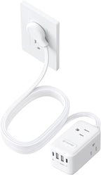 TROND 20W USB C Travel Power Strip - Ultra Thin Flat Plug, Small 10ft Long Extension Cord Wall Mount, 3 Side Outlet Extender for Nightstand, Dresser, Couch, TV, Cruise Essentials, White