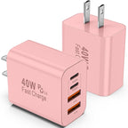 USB C Charger Block, 2 Pack 40W 4-Port iPhone Charger Fast Charging Multiport PD 3.0 & QC 4.0 Double Quick Charge, Compatible with iPhone 17/16/15/14/13/12/11，Pro Max，iPad, Samsung (2, Pink)