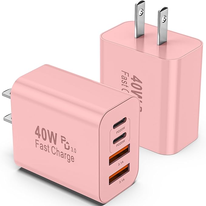USB C Charger Block, 2 Pack 40W 4-Port iPhone Charger Fast Charging Multiport PD 3.0 & QC 4.0 Double Quick Charge, Compatible with iPhone 17/16/15/14/13/12/11，Pro Max，iPad, Samsung (2, Pink)