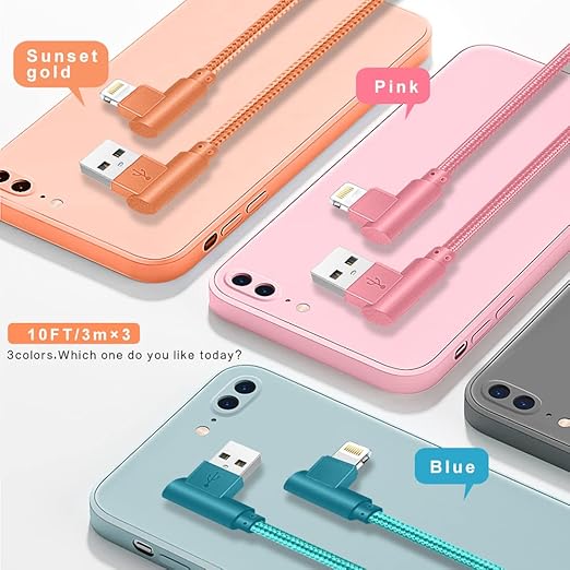 Lightning Charger, 3 Pack 6FT 90 Degree Charging Cable MFi Certified USB Lightning Cable Nylon Braided Fast Charging Cord Compatible for iPhone 14/13/12/11/X/Max/8/7/6/6S/5/5S/SE/Plus/iPad (6FT)
