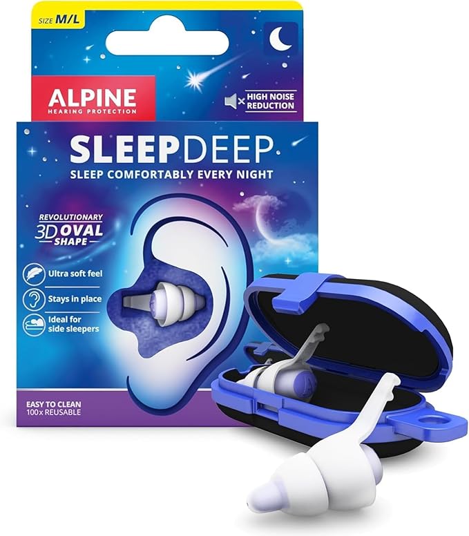 Alpine SleepDeep - Soft Ear Plugs for Sleeping and Concentration - New 3D Oval Shape and Noise Reducing Gel for Better Attenuation - 27 dB - Ideal for Side Sleeper - 1-Pair Reusable: M/L White