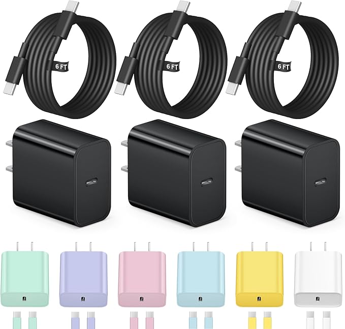 iPhone 17 16 15 Charger Fast Charging 3+3Pack Type C Charger USB C Chargers Block with 6FT Cable for iPhone Air/17/17 Plus/17 Pro/17 Pro Max/16/16 Plus/16 Pro/16 Pro Max/15/15 Pro Max/iPad Pro(Black)