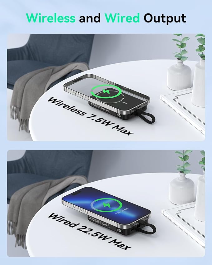 GREPRO Magnetic Portable Charger, 10000mAh for Magsafe Power Bank with a 22.5W USB-C Cable, USB-C Input & Output, LED Display for iPhone 17/17 Air/17 Pro/17 Pro Max/16/15/14/13/12 Series and AirPods