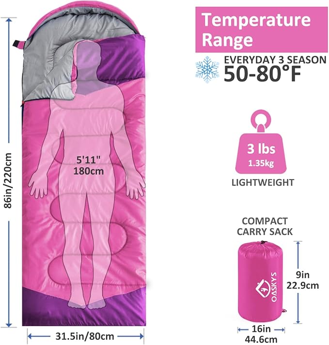 oaskys Camping Sleeping Bag - 3 Season Warm & Cool Weather - Summer Spring Fall Lightweight Waterproof for Adults Kids - Camping Gear Equipment, Traveling, and Outdoors
