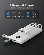 VRURC Power Bank for iPhone, 22.5W Fast Charging Phone Charge with Built-in Cables,10000mAh USB C in & Out Cord Portable Charger,Slim Lightweight Charging Bank Travel Essentail-White(1 Pack)
