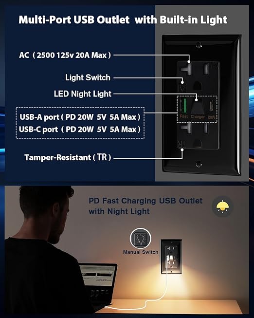 PD USB Outlet with Light,20W Power Delivery USB Receptacle with Night Light, 20A Tamper-Resistant Wall Outlet, Fast Charging Type A & USB-C Charger for Smartphones, Laptops, Tablets (4, Black)