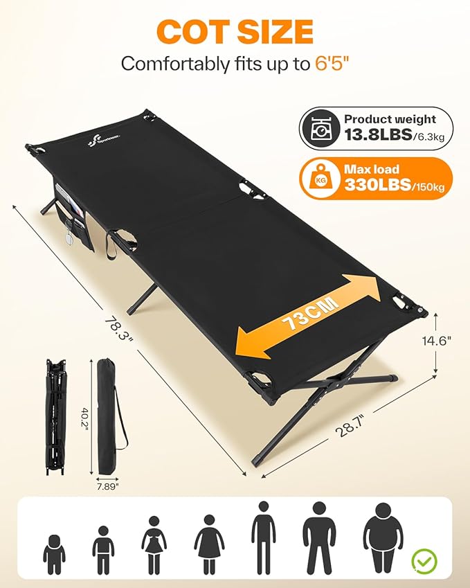 Sportneer Camping Cot: 78.3"x28.7"x14.6" Comfort Cot Bed for Camping Traveling Guest Bed, Sleeping Cots for Adults with Side Pockets & Storage Bag - Ease of Assembly, Support 330 Lbs