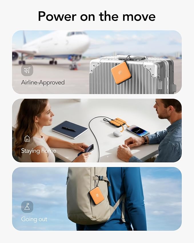 VRURC Portable Charger USB C for iPhone, Cargador Portátil para iPhone 10000mAh, Power Bank with Built-in Cables, 22.5W Fast Charging, LED Display, Slim for iPhone 17 Pro Max & Series (Orange)