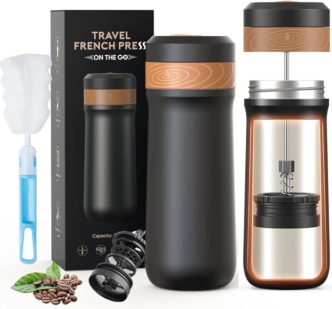 Sesama Classic Portable French Press Coffee Mug 12 oz with Carry Loop, Stainless Steel French Press Coffee Maker, BPA Great for Camping and Travel