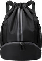 JELUTAR Drawstring Backpack Gym Bag with Shoes Compartment for Soccer, Basketball, Swim, Water-Resistant String Backpack Beach Cinch for Women Men, Black, Medium