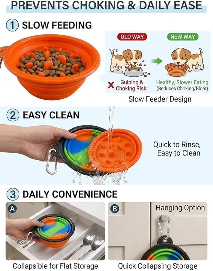 Collapsible Dog Bowl 2 Pack with Carabiners - Portable Travel Pet Food Water Bowl for Dogs Cats