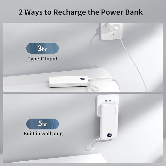 penaover Portable Charger with Built-in Cables&AC Wall Plug,Slim 10000mAh 22.5W Fast Charging Power Bank,5 Output 2 Input USB-C External Battery Pack Compatible with iPhones,Samsung,Android, etc