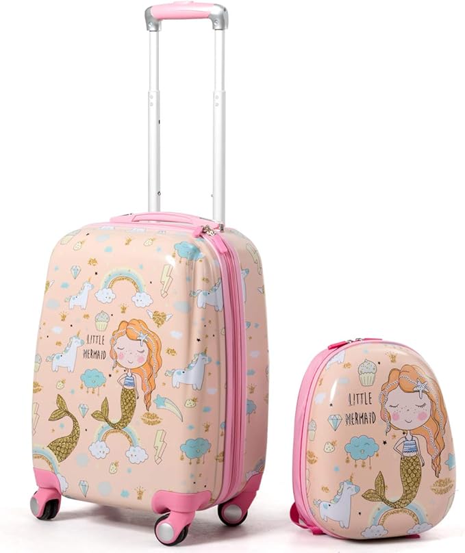 Goplus Kids Luggage Set, 12" & 18" Kids Carry On Luggage Set, Multi-directional Wheels Suitcase, Large Capacity Rolling Trolley Suitcase, Gift for Boys and Girls Toddlers Children Travel